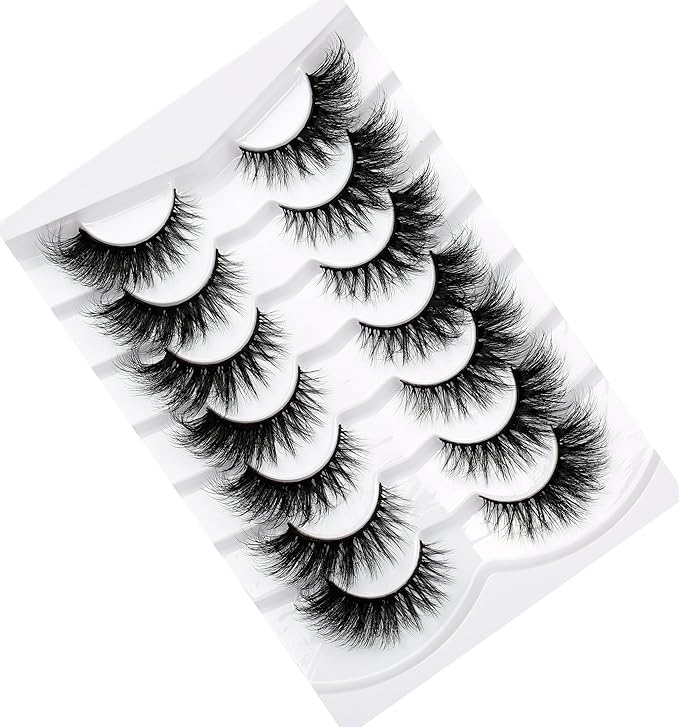 Pooplunch False Eyelashes Volume Cat Eye Lashes Winged Look 8D Dramatic 18MM Wispy Natural Crossed Fake Eyelashes Faux Mink Lashes Strips 7 Pairs Pack