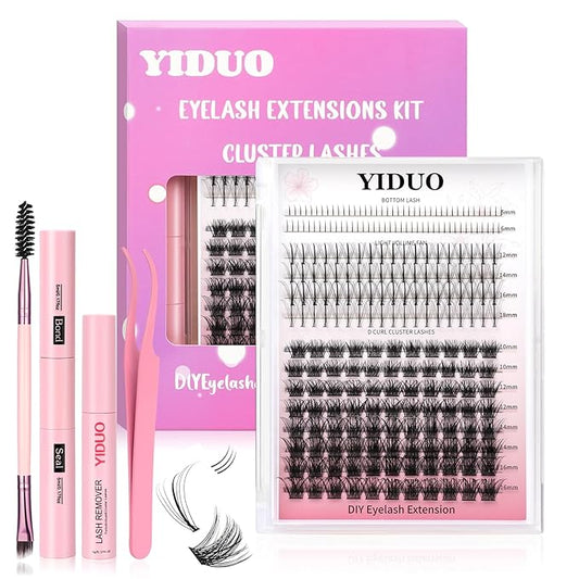 YIDUO Wispy Lash Clusters Kit Natural Individuals DIY Eyelash Extensions, C-Curl Volume Studio Effect 244Pcs Combo Pack with Bottom Lash|Glue|Tweezers|Removers|Eyelash&Eyebrow Brush