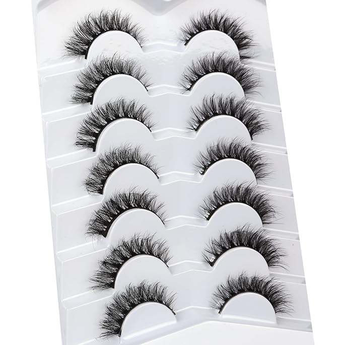 Pooplunch False Eyelashes Cat Eye Look Wispy Lashes Short Natural Crossed Extension Volume Fake Eyelashes 8D Faux Mink Strip Lashes 7 Pairs Pack