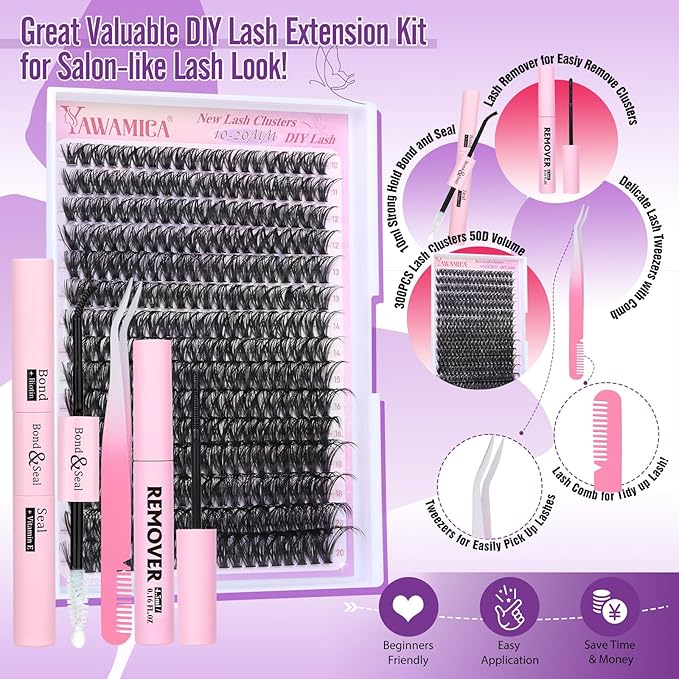 Yawamica DIY Lash Extension Kit 300pcs Individual Clusters Eyelash Extensions 10-20mm 50D Lash Clusters Kit With Lash Bond and Seal, Remover and Lash Applicator DIY Lash Kit for At-Home Use