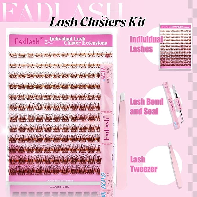 FADLASH Lash Extension Kit Fluffy Brown Lash Clusters 0.07 D Curl Wispy Eyelash Clusters with Lash Bond and Seal Lash Tweezer DIY Lash Clusters Kit for Beginners at Home(SNR028-0.07D, 8-16mm Kit)