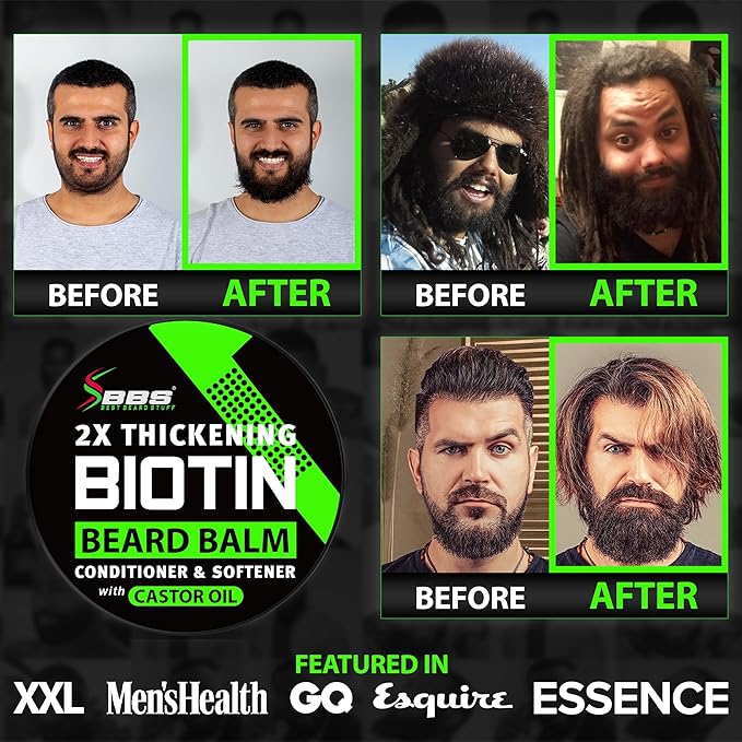 Biotin Beard Balm for Men - 2X Thickening for Beard and Mustache - Organic Mustache Wax with Castor Oil & Meadowfoam – Hydrating Facial Hair Growth Balm & Leave-In Conditioner