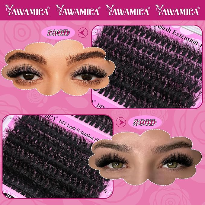 Yawamica Fluffier Lash Clusters Kit 150D+200D Thick Volume Lash Extension Kit 14-20mm Wispy Eyelash Clusters Individual Lashes Kit with Lash Bond, Lash Remover, Lash Applicator for DIY Lash Extension