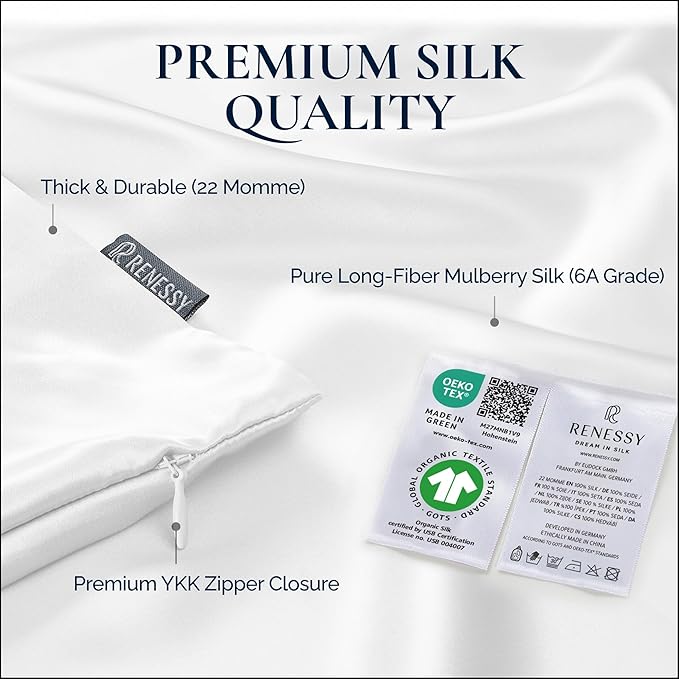RENESSY Premium Silk Pillowcase 100% Organic Mulberry Silk, 22 Momme, Grade 6A - Oeko-Tex Certified in Germany - Luxury for Hair & Skin, 1 Piece (Queen Size 20x30 Inches, Light Grey)