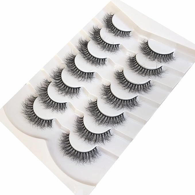 Pooplunch False Eyelashes Natural Volume 8D Faux Mink Lashes Wispy Short Fake Eye Lashes Strips 7 Pairs Pack