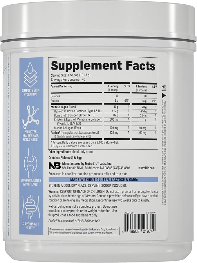 NutraBio Multi Collagen Powder- Hydrolyzed Collagen Peptides for Glowing Hair & Skin- Grass-Fed- Collagen Powder for Women and Men- 40 Servings