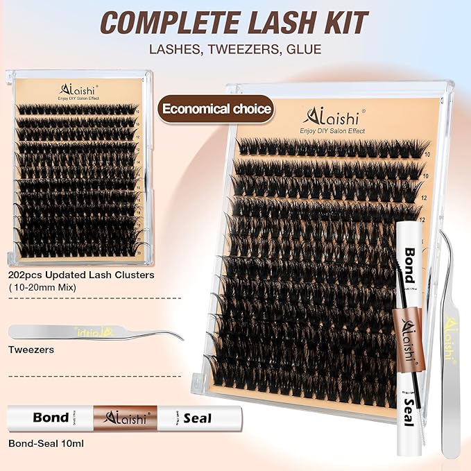 AILAISHI Lash Clusters Kit, DIY Cluster Eyelash Extensions 10‑20mm, 90D+100D, 202pcs Fluffy D Curl Natural Lashes with Bond & Seal,Tweezers–Fake Cat Eye Individual Clusters