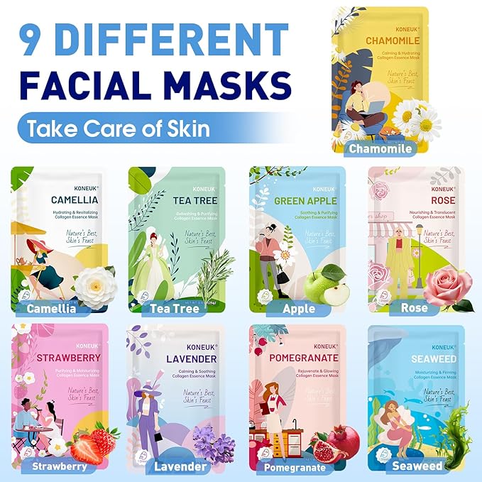 54 Pack Bulk Sheet Face Masks Skincare, Hydrating and Moisturizing Face Mask for All Skin Types, Collagen Facial Masks for Skin Care, Valentines Day Gifts, Mothers Day Gifts for Mom (9 Types x 6 Pcs)