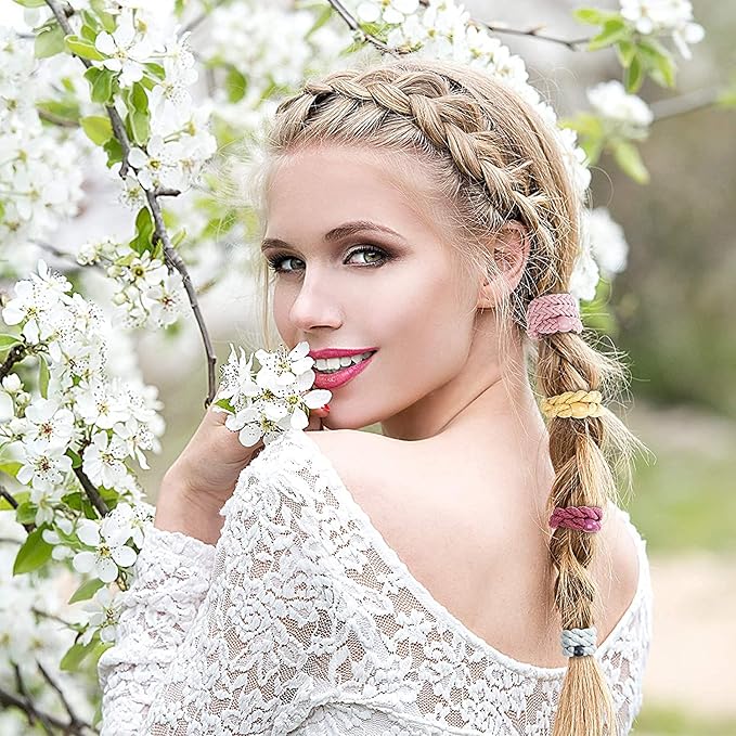 12 pcs Braided Elastic Hair Ties, No-Metal Gentle Secure Hold Ponytail Holders, No Damage or Snagging Hair Bands, Perfect for Girls and Women with Thick or Curly Hair (Black, Color 3)