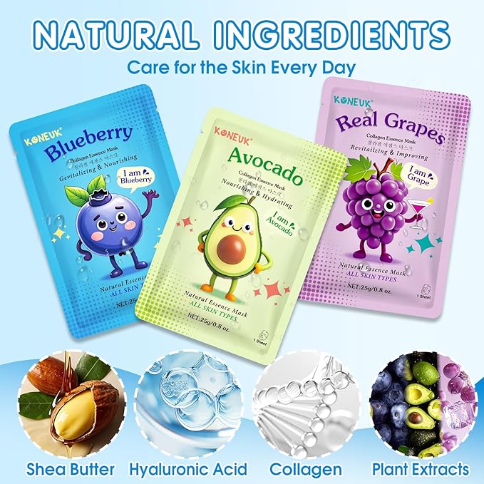 28 Pack Fruit Face Masks Skincare for Kids Girls, Sheet Collagen Face Mask for Women Skin Care, Bulk Hydrating Facial Mask for All Skin Types, Valentines Day Gifts and Party Spa Gifts for Teens