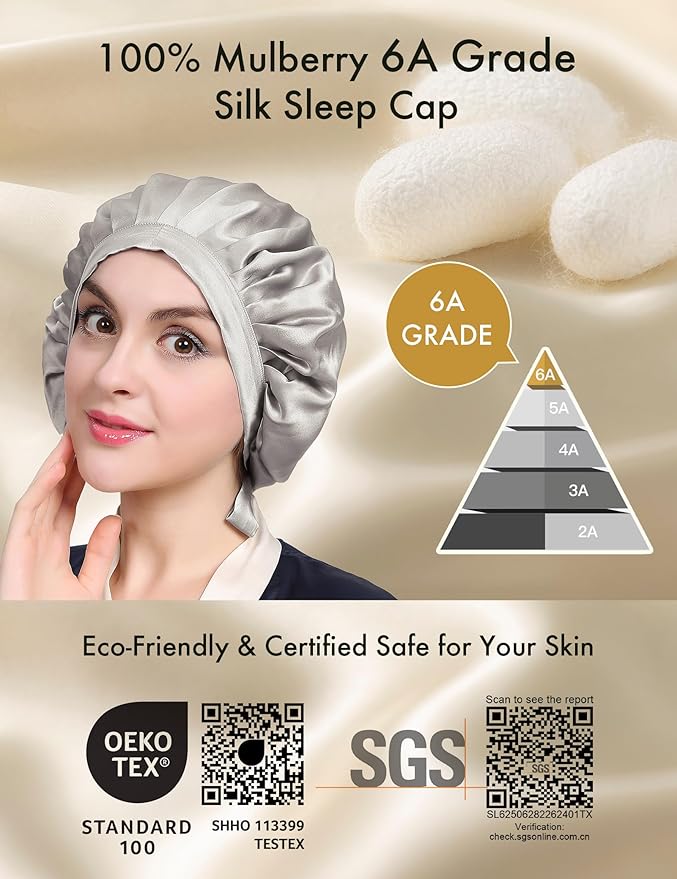 LilySilk 100% Mulberry Silk Bonnet, Silk Night Sleep Cap Adjustable Hair Wrap for Sleeping, Silvergray