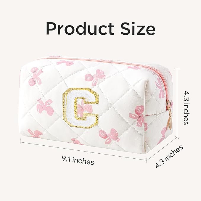 HBselect Initial Makeup Bag for Women, Pink Cosmetic Travel Toiletry Bag, Flowers Zipper Make Up Pouch Organizer Teen Girl Gifts Trendy Stuff C