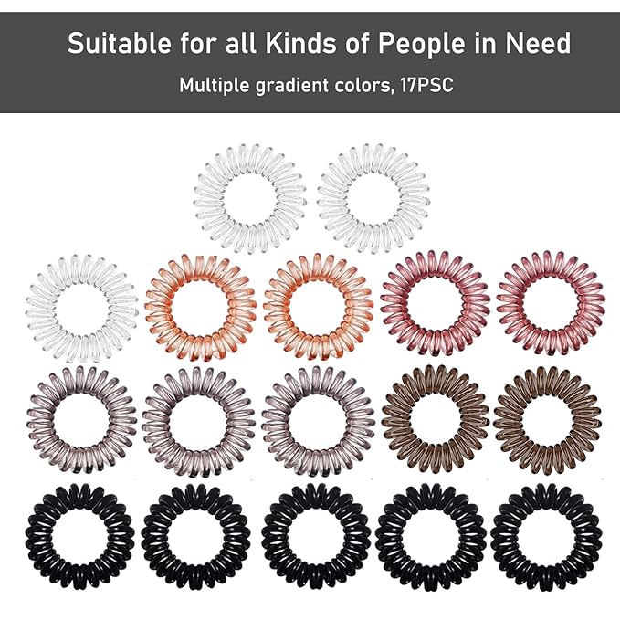 Hair Ties, 17 Pack Spiral Coils for Thick and Thin Hair - No Crease Ponytail Holders for Women and Children