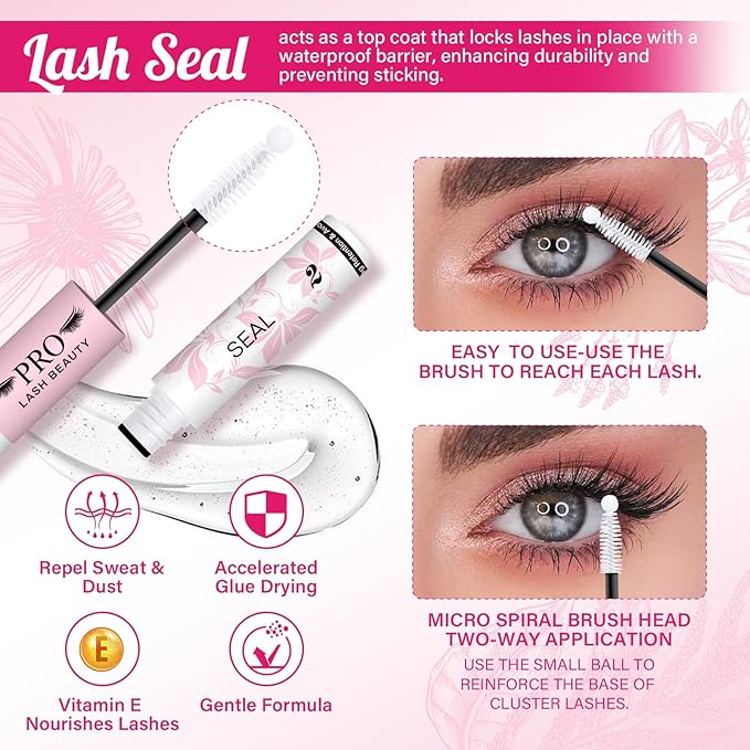 PROLASHBEAUTY Lash Cluster Glue Clear Lash Glue Lash Bond and Seal for Eyelash Clusters 2-3S Fast Drying Waterproof Strong Hold 72H+ Eyelash Glue (10ml, Clear Bond & Clear Seal)