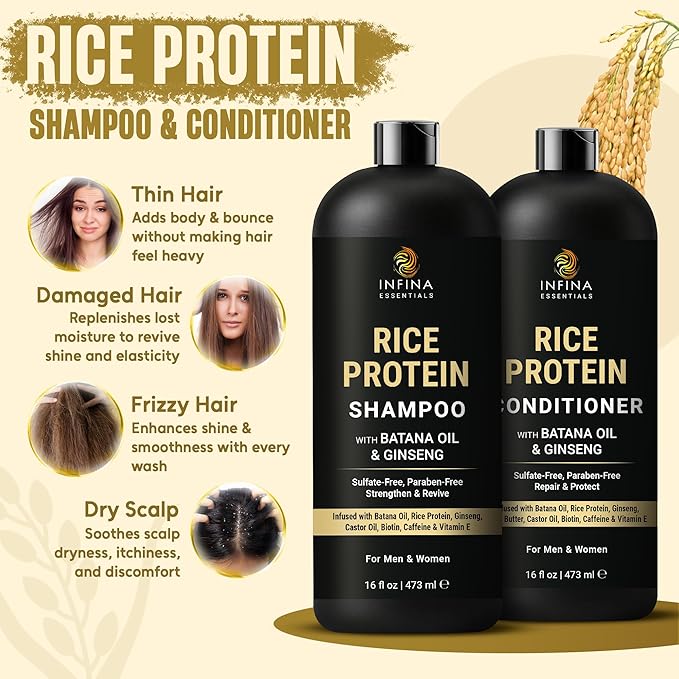 INFINA ESSENTIALS Rice Protein Shampoo and Conditioner Set | 16 fl oz Each | with Batana Oil & Ginseng | Strengthening, Thickening & Clarifying Formula | Supports Hair Growth & Repair