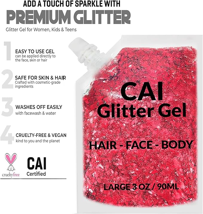 Face, Body & Hair Glitter Gel – Halloween Glitter for Kids and Women – 3 Oz Cosmetic-Grade Gel w/Moon & Stars for Festivals & Halloween Party, Easy Apply & Wash Off - Red 2Pack