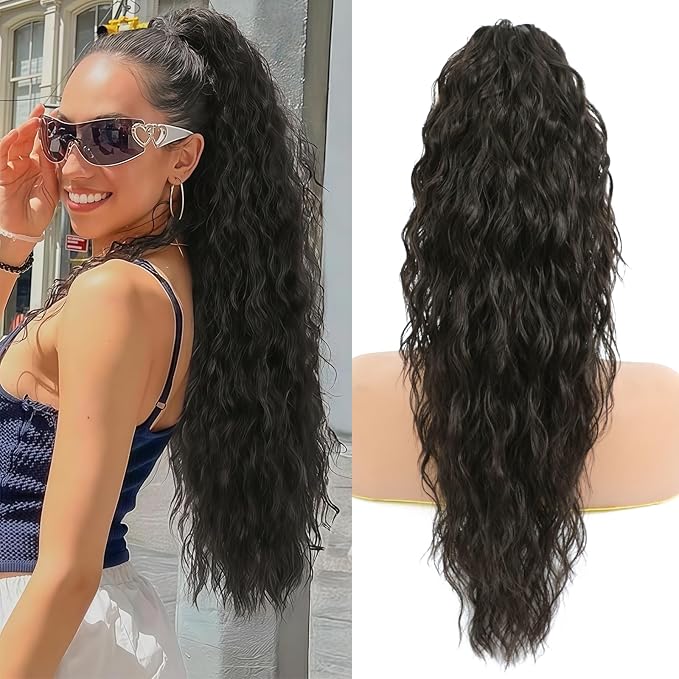 Ponytail Extension, Claw Clip on Pony tails Hair Extension for Women 22 Inch Long Wavy Curly Fake Ponytail Clip in Hair Pieces for Women Fluffy Natural Looking (Dark Brown, 22 Inch)