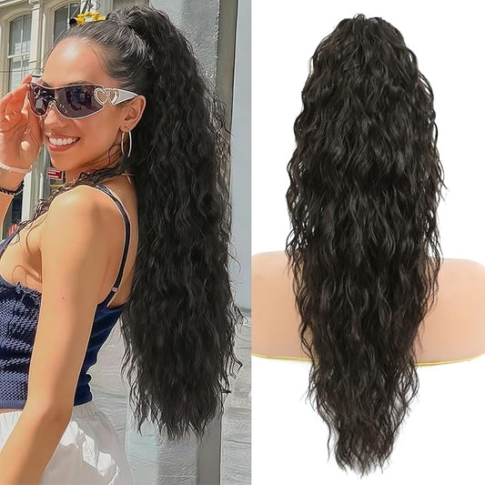 Ponytail Extension, Claw Clip on Pony tails Hair Extension for Women 22 Inch Long Wavy Curly Fake Ponytail Clip in Hair Pieces for Women Fluffy Natural Looking (Dark Brown, 22 Inch)