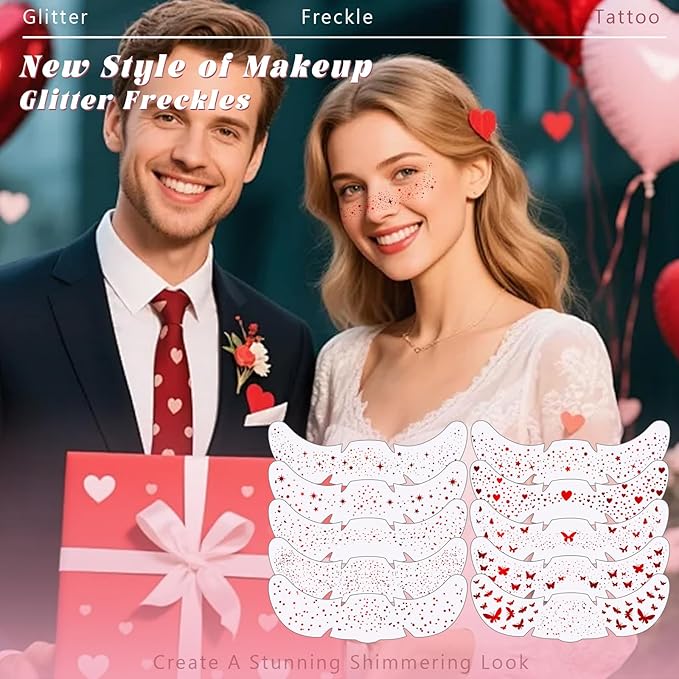 HOSAILY 10 Styles Red Glitter Freckles Face Tattoo, Waterproof Sparkle Cute Star Butterfly Face&Body Glitter Speckles Patches for Women, Metallic Temporary Tattoo Accessories Makeup for Rave