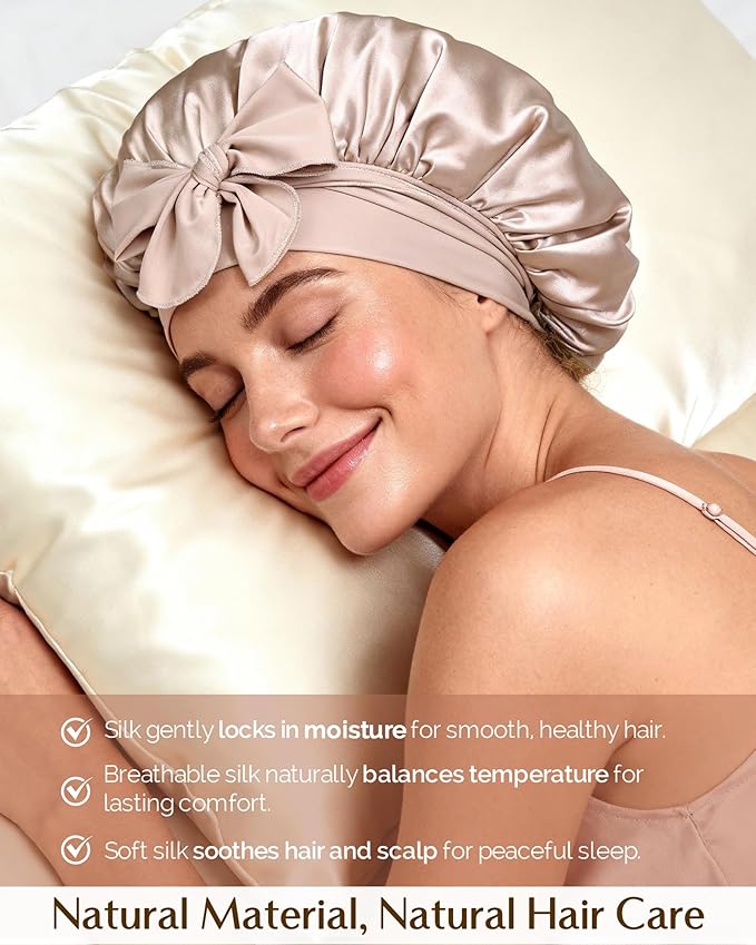 YANIBEST 22 Momme 100% Mulberry Silk Bonnet for Sleeping Women Double Layer Sleep Bonnet with Tie Band, Sleep Cap