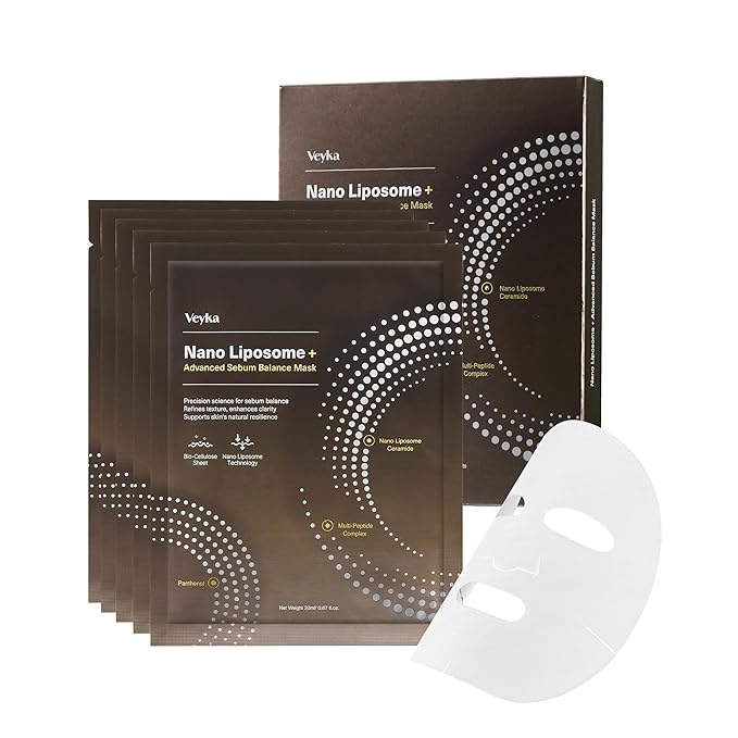 Veyka Nano Liposome + Advanced Sebum Balance Mask - Soothing & Pore Refining Facial Mask with Ceramide, Cica, Multi-Peptide Complex & Panthenol - At-Home Spa Korean Skin Care (5 Sheets, 0.67 Fl Oz)