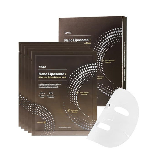 Veyka Nano Liposome + Advanced Sebum Balance Mask - Soothing & Pore Refining Facial Mask with Ceramide, Cica, Multi-Peptide Complex & Panthenol - At-Home Spa Korean Skin Care (5 Sheets, 0.67 Fl Oz)
