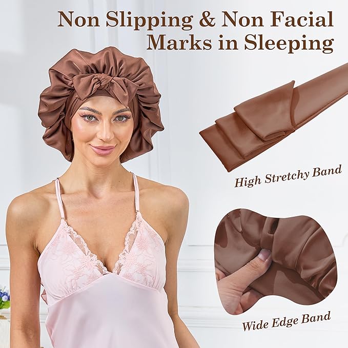 Silk Satin Bonnet for Sleeping Hair: Women Sleep Night Wrap Cap for Straight Wavy Curly Coily Kinky Natural Hair Head by Tie Band - Coffee + Gold