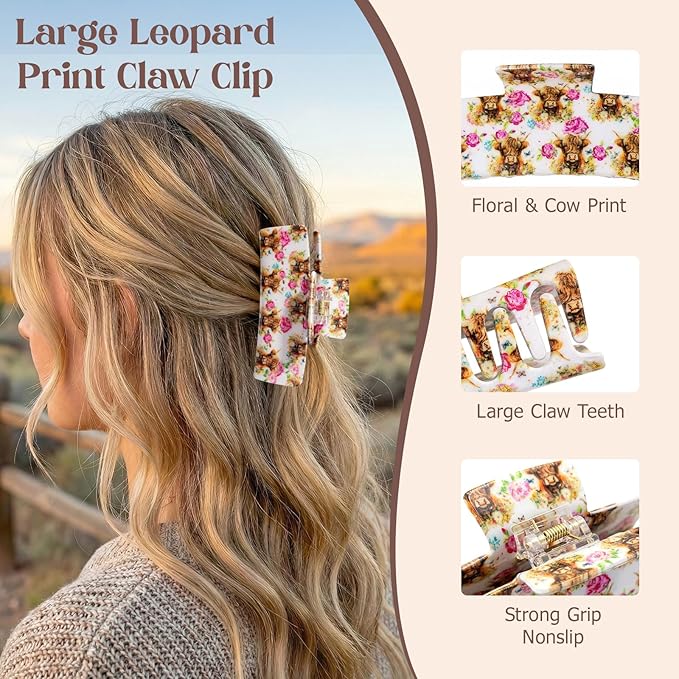 Medium Hair Claw Clip for Women, Highland Cow Floral Print Hair Clip, Strong Hold Non-Slip Jaw Clamp for Thick & Thin Hair, Cute Farm Animal Hair Accessory for Daily Wear, Parties, Travel