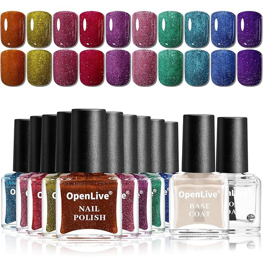 OpenLive Reflective Nail Polish 12 Colors With Base Coat and Top Coat Glitter Red Bule Purple Green Nail Polish Set Quick Dry Sparkle Winter Manicure Long Lasting for Holiday Gift Giving