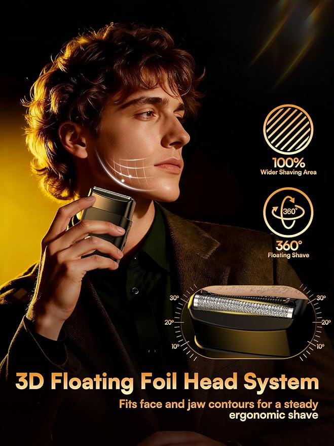 Electric Foil Shavers for Men: Mini Electric Razor with 3 Floating Blades, IPX7 Waterproof & USB-C Fast Charge Cordless Foil Shaver for Men with Travel Lock, Grooming Gift for Home & Travel