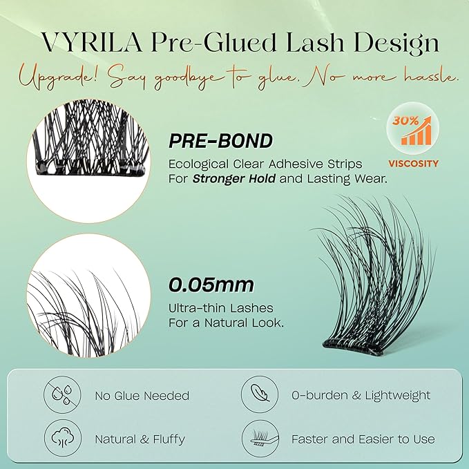 VYRILA Self-Adhesive Lash Cluster, 140pcs Pre-Glued Clusters, Pop-On Faux Eyelashes, 3D Band D Curl Natural Look Lahses, Easy to Apply, Reusable 0.05mm Eyelash Extensions (Green Muse-D-0.05-10-16mix)