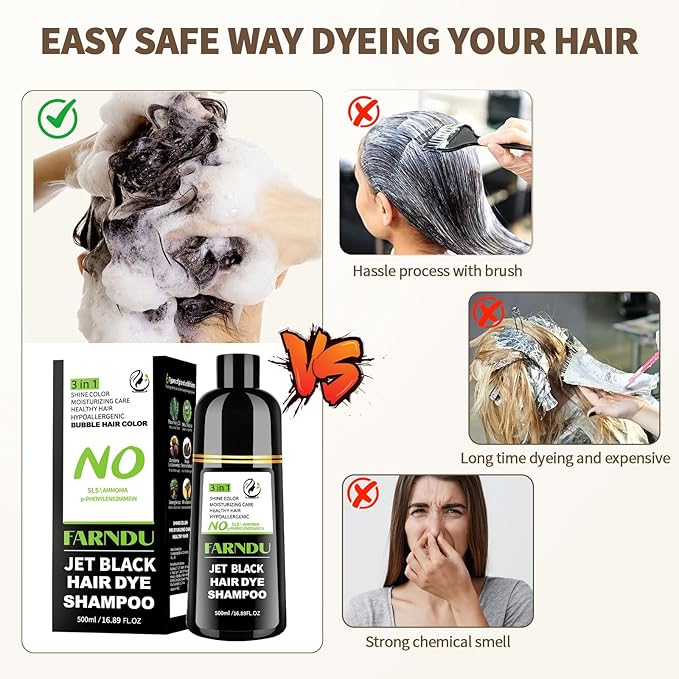 Farndu Jet Black Hair Dye Shampoo Ammonia-free & PPD-free, Gray Hair Coverage Natural Herbal 3 in 1 Hair Color Shampoo for Women Men