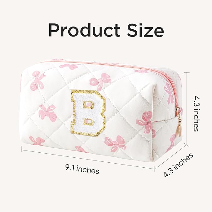HBselect Initial Makeup Bag for Women, Pink Cosmetic Travel Toiletry Bag, Flowers Zipper Make Up Pouch Organizer Teen Girl Gifts Trendy Stuff B