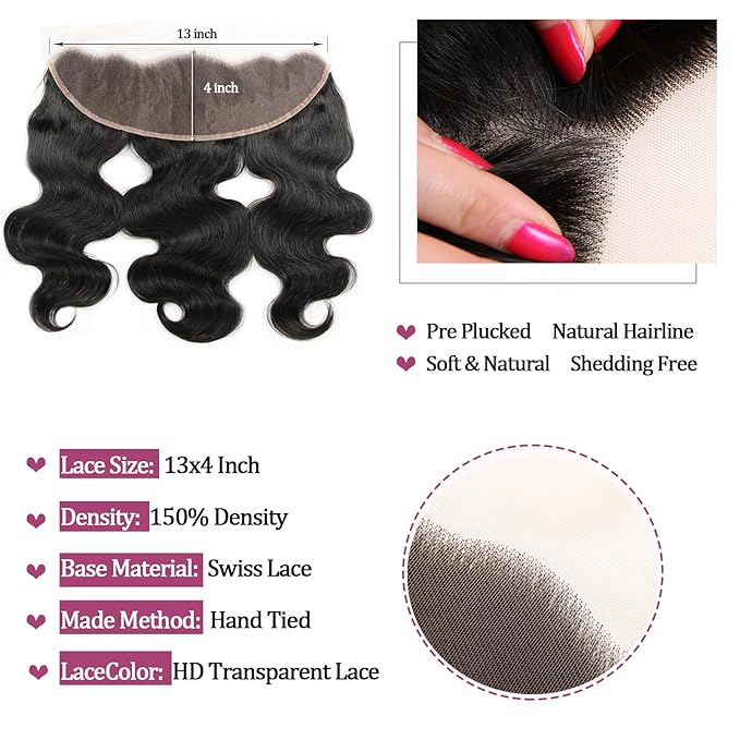 Body Wave Human Hair Bundles with Frontal (16 16 18 18+16Frontal) 12A 4 Bundles Human Hair with Closure 13x4 HD Lace Frontal 100% Unprocessed Brazilian Virgin Hair