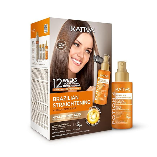 KATIVA Brazilian Keratin Straightening Kit, Shampoo Mask Conditioner + Potion 4 Heat Protectant Serum, Formaldehyde-Free Smoothing, Frizz Control, Hyaluronic Acid, Argan Oil, Vegan, Up to 12 Weeks