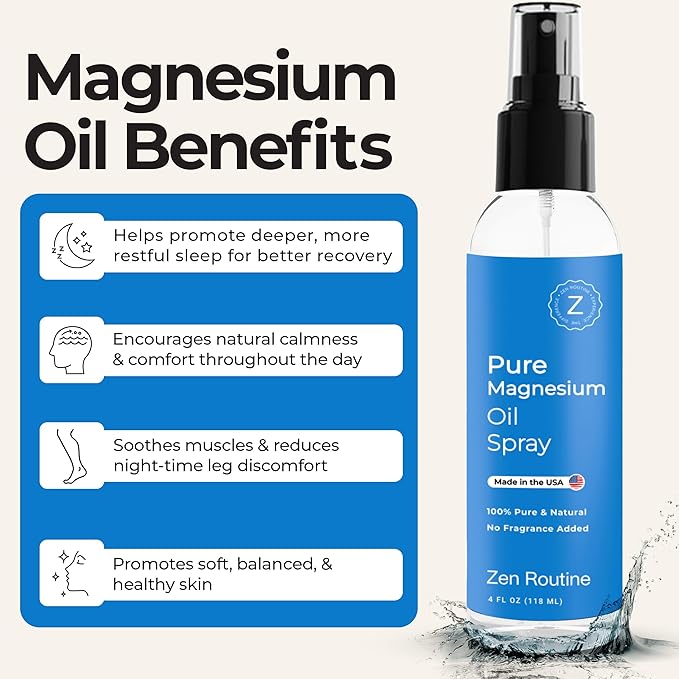 Pure Magnesium Oil Spray 4oz (2-Pack) - USP Grade – Topical for Feet, Body, Muscles, Leg Cramps & Sleep - Extra Strength, Less Sting - 100% Organic & Natural — Made in USA