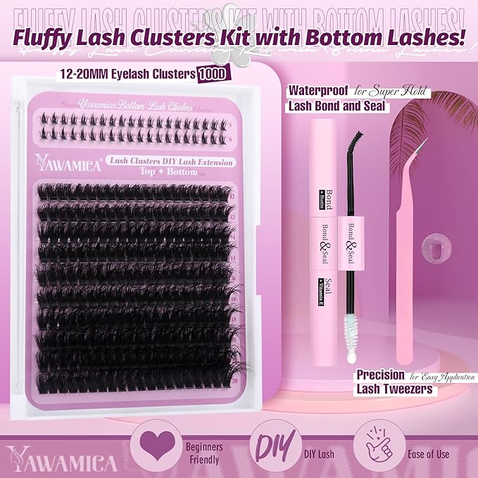 Yawamica Eyelash Extension Kit Wispy Lash Clusters Kit with Bottom Lashes 100D Fluffier Volume Individual Lashes 12-20mm Eyelash Clusters with 5-6mm Bottom Lashes with Bond and Seal and Lash Tweezers