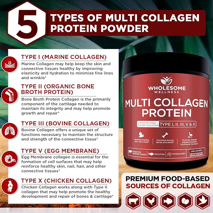 Wholesome Wellness Premium Multi Collagen Peptides Powder for Women and Men | 5 Types of Hydrolyzed Collagen | Grass-Fed, Non-GMO & Unflavored | Pure Protein for Youthful Skin & Joint Recovery