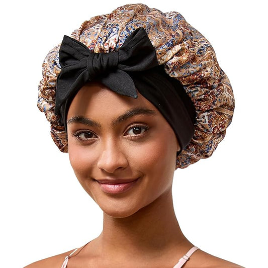 Tie Band Silk Satin Bonnet for Sleeping Hair: Women Sleep Night Wrap Cap for Straight Wavy Curly Coily Kinky Natural Hair Head - Bohemia