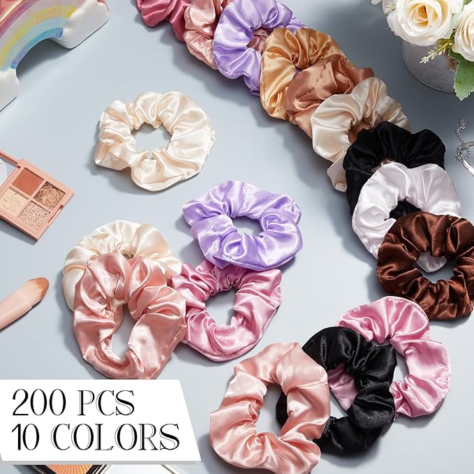 Hoteam 200 Pieces Satin Hair Scrunchies Bulk for Ponytail Holder Solid Color Satin Hair Tie Hair Elastics Bands for Women Teens Birthday Gift(Fresh Color)