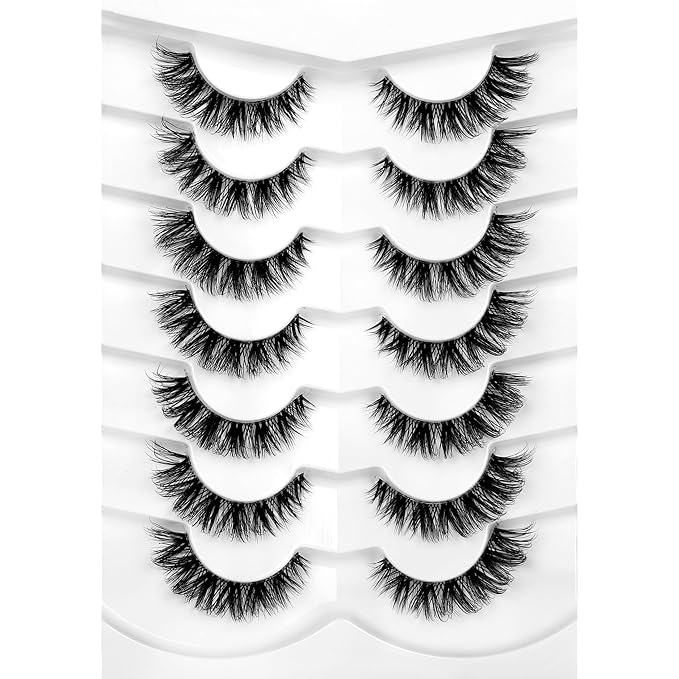 Pooplunch False Eyelashes Natural Clear-Band Cat Eye Look Extensions Volume Cluster Lash Wispy Short Fake Eyelashes Faux Mink Strip Lashes 7 Pairs Pack