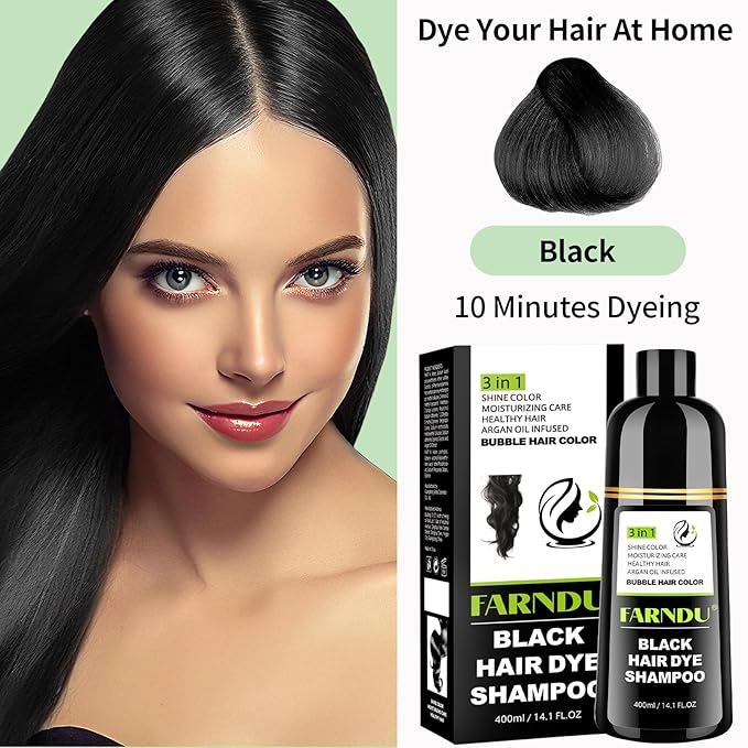 Farndu Black Hair Dye Shampoo for Women & Men, Gray Hair Coverage Herbal Natural 3 in 1 Hair Color Shampoo, Champu para canas
