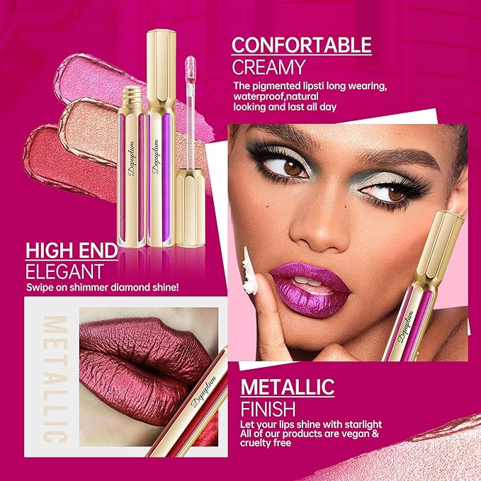 Blue Lipsticks for Women Metallic Lipstick Long Lasting Non Stick Cup Lip Gloss, Shimmer Lightweight Hydrating Full Coverage Lip Color, DP118 R&B