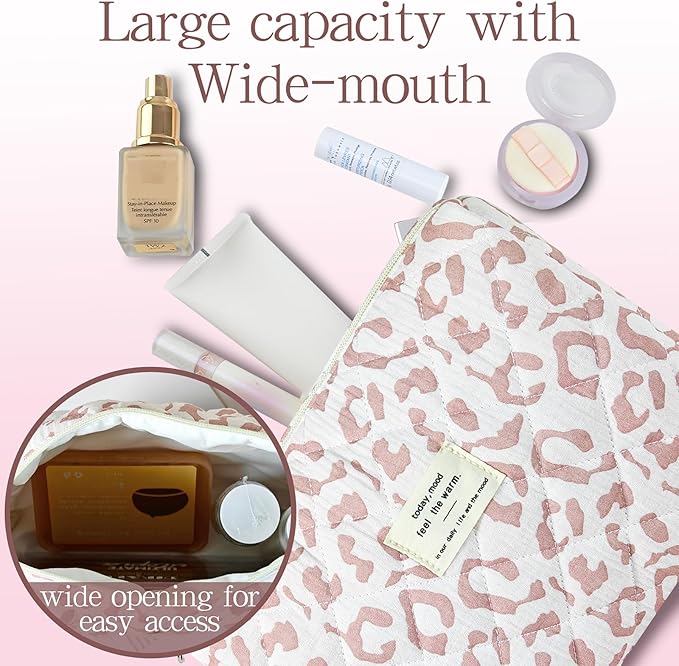 3Pcs Quilted Makeup Bag for Women, Large Travel Makeup Bag Set, Cute Aesthetic Cosmetic Bags, Floral Cotton Makeup Pouch Coquette Toiletry Organizer Bag