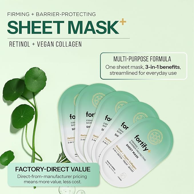 Fortify Skincare Retinol & Collagen Face Mask – 3-in-1: Detox, Treat, Boost – Hydrating, Firming, Anti-Aging – Dermatologist Tested Korean Skin Care – Clean Beauty Vegan Sheet Mask – 5 Sheets