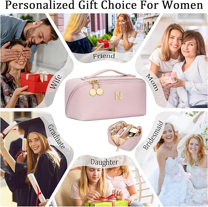 Gifts for Women Bridesmaid Gifts Personalized Initial Makeup Bag PU Leather Cosmetic Waterproof Travel Toiletry Bag (Medium)