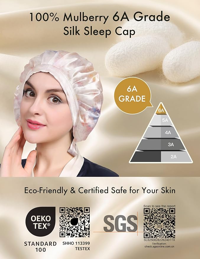LilySilk 100% Mulberry Silk Bonnet, Silk Night Sleep Cap Adjustable Hair Wrap for Sleeping, Pink Purple Water