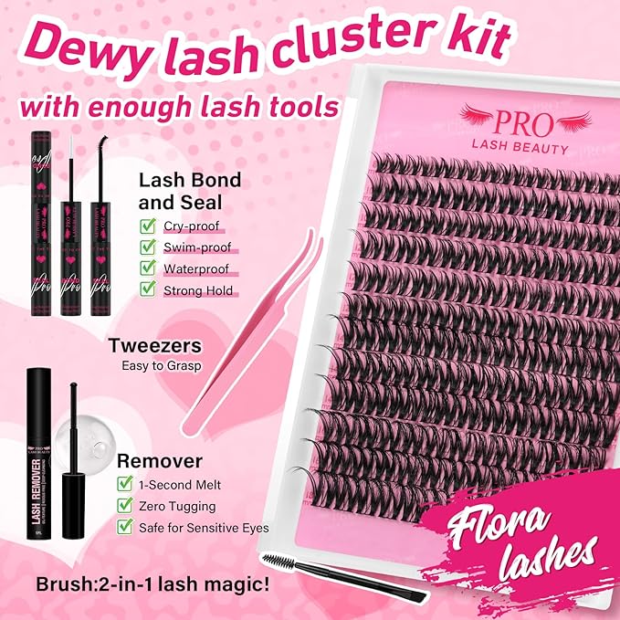 PROLASHBEAUTY Flora Lash Clusters Kit with Lash Bond and Seal Eyelash Applictor Lash Remover DIY Lash Extension Kit for Beginner Waterproof Resuable Eyelash Extensions at Home (Flora,8-18mix)