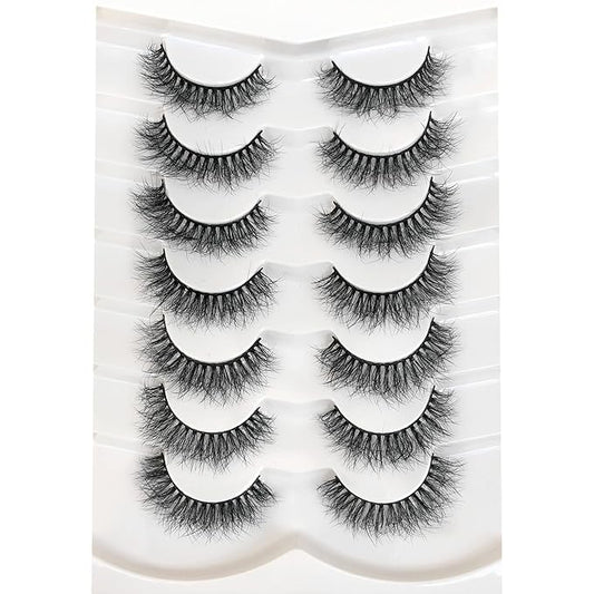 Pooplunch False Eyelashes Natural Volume 8D Faux Mink Lashes Wispy Short Fake Eye Lashes Strips 7 Pairs Pack
