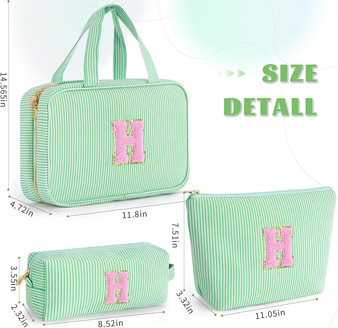 Personalized Friend Birthday Gifts - 3 Pieces Toiletry Makeup Bag Cosmetic Bags for Women Travel Make up Bag with Small Makeup Bag Wedding Bridesmaid Gifts for Women - Green H